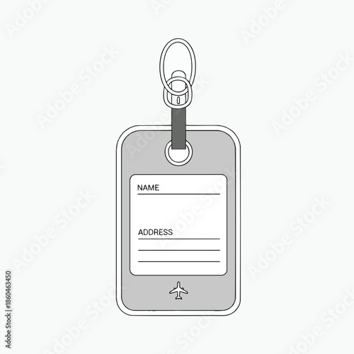 A luggage tag with a silver ring and strap. Name and address lines are below