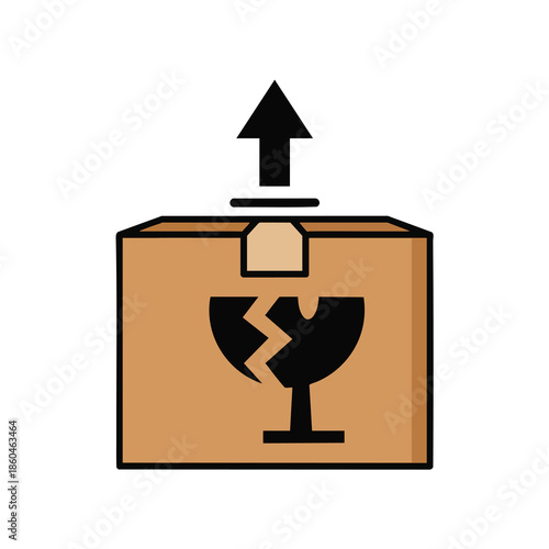 A carton with a broken glass symbol and arrow, showing fragile contents