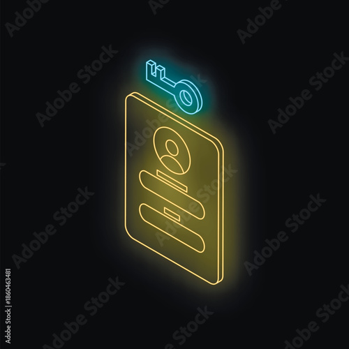 Glowing neon key unlocking personal data on smartphone or computer in the dark, concept of cybersecurity, data protection, and privacy