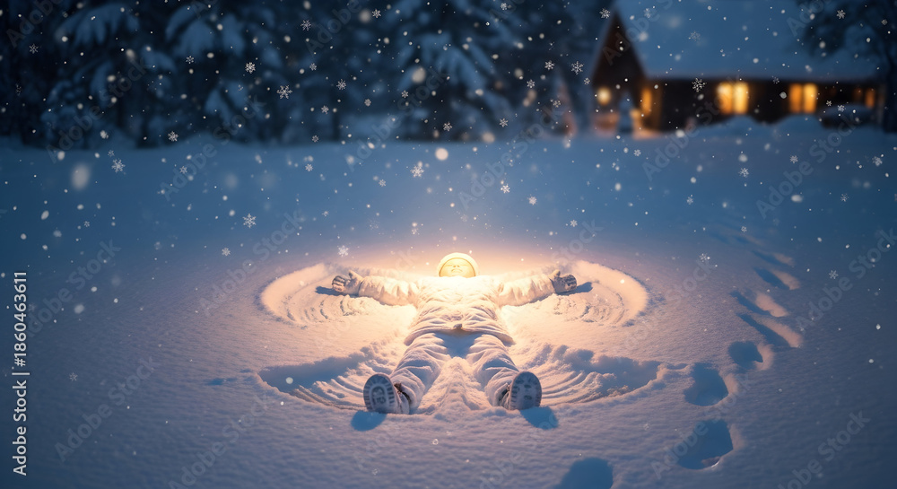 Naklejka premium Experience Winter Magic: Child Creating a Snow Angel During a Gentle Snowfall near Cozy Cabin, a scene filled with joy and holiday spirit