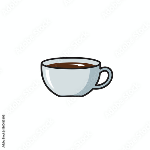 A light blue cup of coffee, with brown liquid, a handle, and a black outline