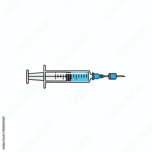 Vector illustration of a medical syringe with blue liquid and needle against a white backdrop
