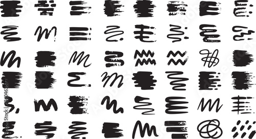 Collection of various hand drawn brush strokes and scribbles on white background for design elements
