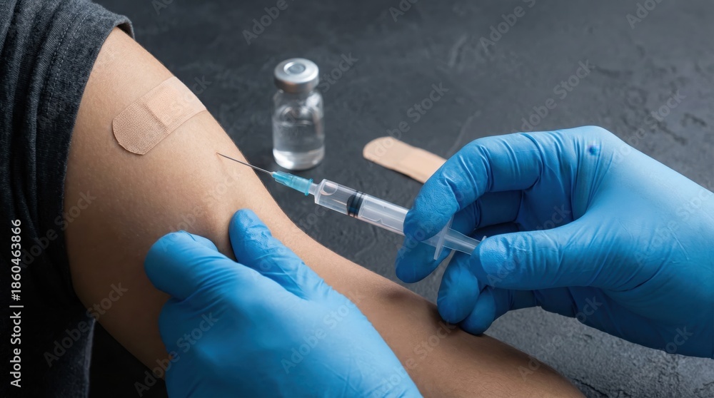 Fototapeta premium Close-up of a medical professional administering an injection in a person's arm with a bandage and vial nearby