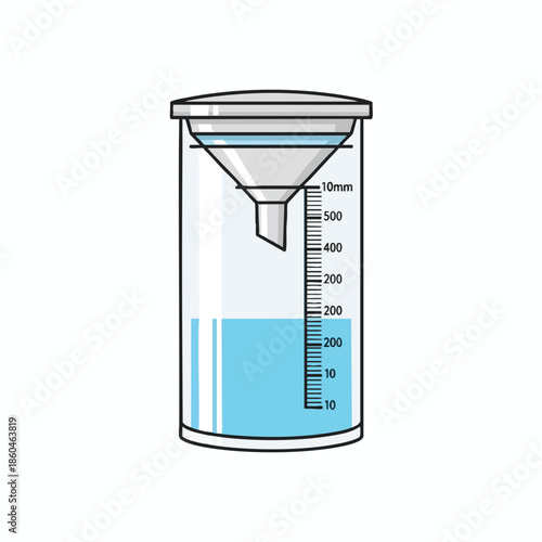 Illustration of a measuring cylinder with blue liquid and a funnel