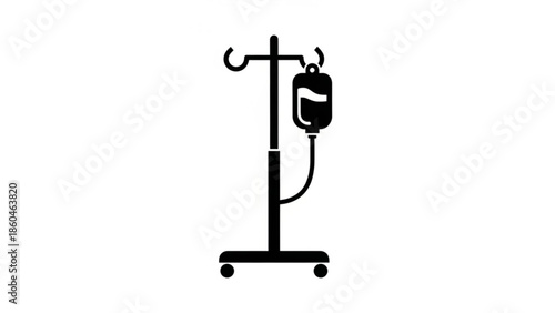 Medical IV pole with infusion bag hanging on a wheeled stand in a clinical setting