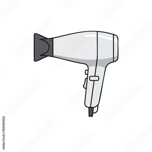 Simple, vector-style depiction of a hair dryer, white and gray on a white background