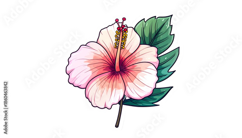A stylized illustration of a vibrant hibiscus flower with leaves, outlined on a black backdrop