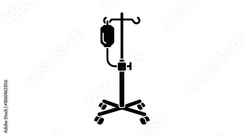 Medical equipment stand with IV drip bag on a wheeled pole against a white background
