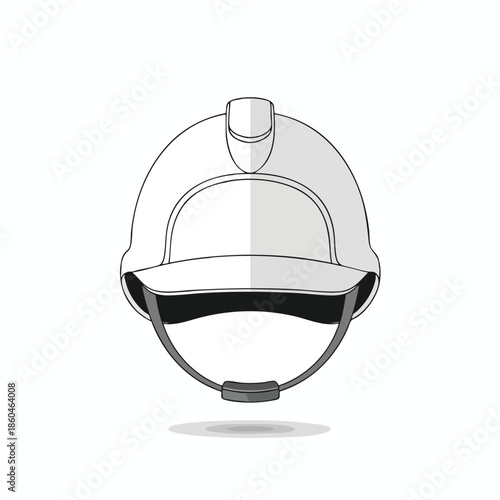 Frontal, grayscale drawing of a construction helmet with strap and shadow