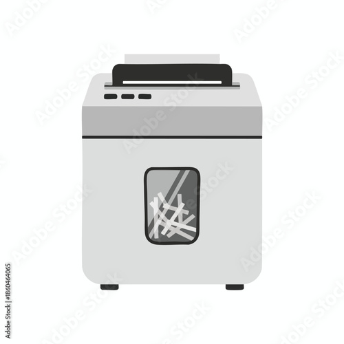 A gray paper shredder, with a transparent view, filled with shredded paper