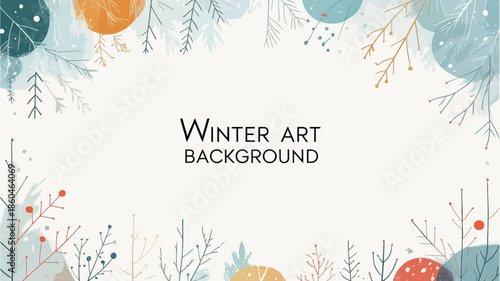 Winter art background with colorful leaves and branches