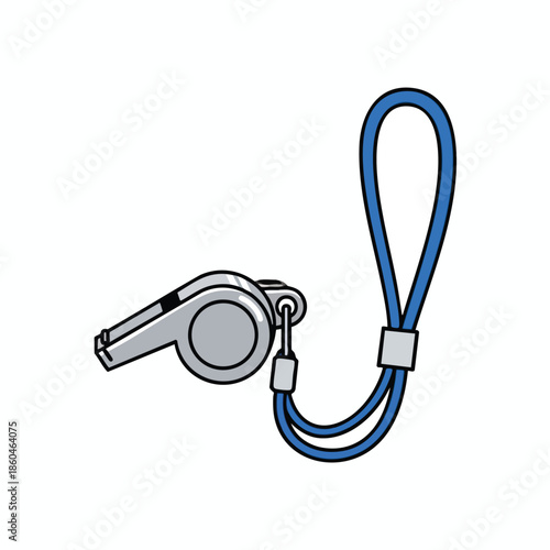 A silver whistle with a blue lanyard, shown in an illustrated, cartoon-like design