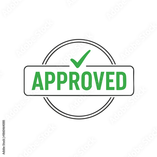 A green "APPROVED" stamp with a checkmark inside a round frame, all on a white bg
