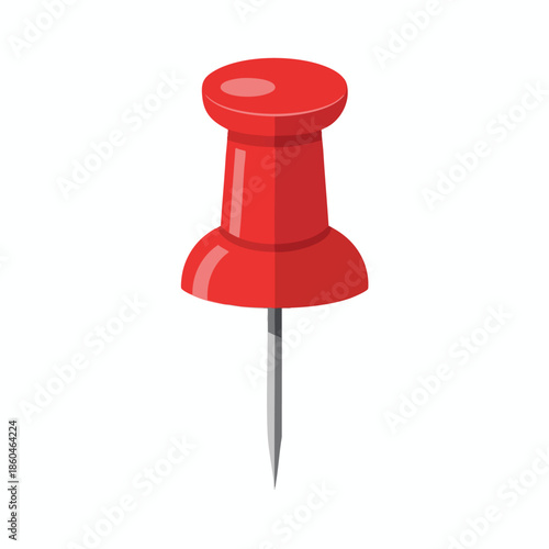 A red thumbtack stands upright, with a circular head and pointed metal pin