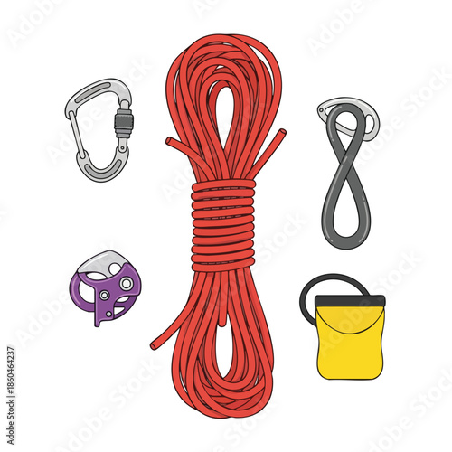 Cartoon illustration featuring climbing gear, including rope, carabiners, and a belay device