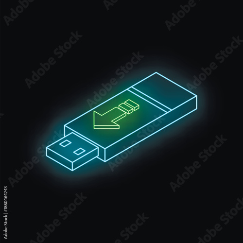 Neon usb flash drive showing downloading data progress in isometric view on black background