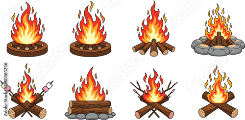Campfire and bonfire flames collection with burning logs and stones for outdoor camping