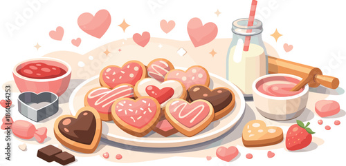 Sweet Heart Cookies. Clean modern illustration conveying heart cookies vibes through sweetness, indulgence, and romantic charm,