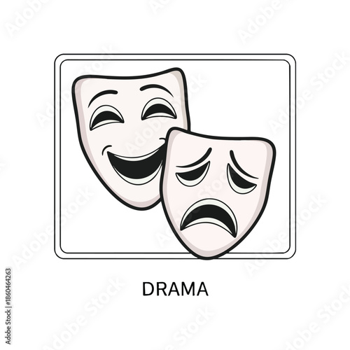A rectangular illustration of theatrical masks, one joyful, one sad, with "DRAMA" below