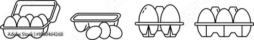Outline Vector Icon Set Featuring Fresh Eggs in Open and Closed Cartons for Grocery Retail and Agricultural Branding