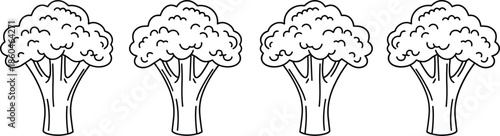 Outline Vector Icon Set Featuring Fresh Broccoli Florets with Detailed Textures for Healthy Nutrition and Grocery Retail Branding