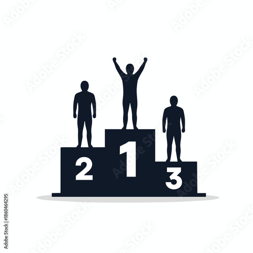 Silhouette figures on a podium with rankings 1, 2, and 3, winner with arms raised