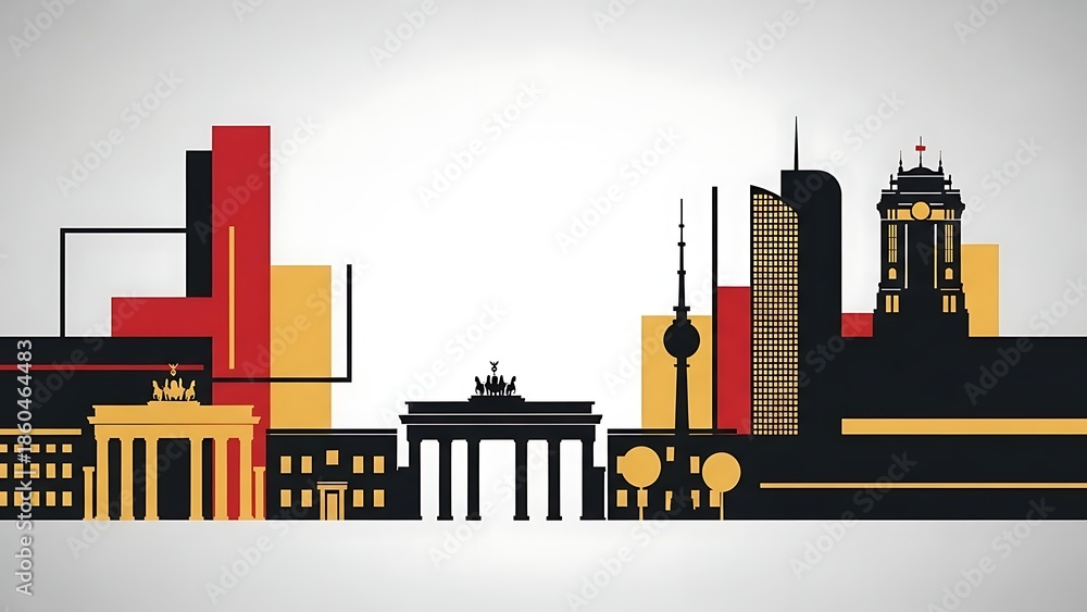 Obraz premium Illustrative Berlin skyline featuring famous German landmarks in national colors
