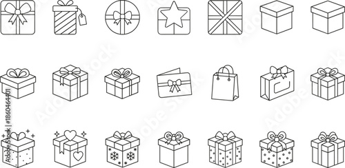 Outline Vector Icon Set Featuring Diverse Gift Boxes Shopping Bags and Greeting Cards for Retail and Holiday Marketing