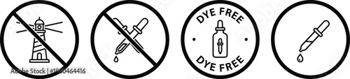 Outline Vector Icon Set Featuring Dye-Free Certification Badges and Dropper Symbols for Skincare and Pharmaceutical Product Safety