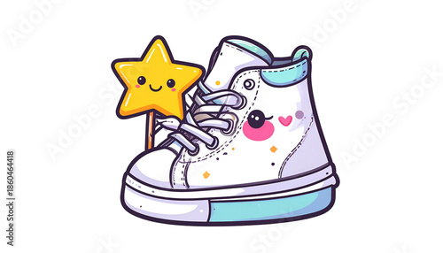 Cartoon sticker featuring a smiling shoe with a star wand