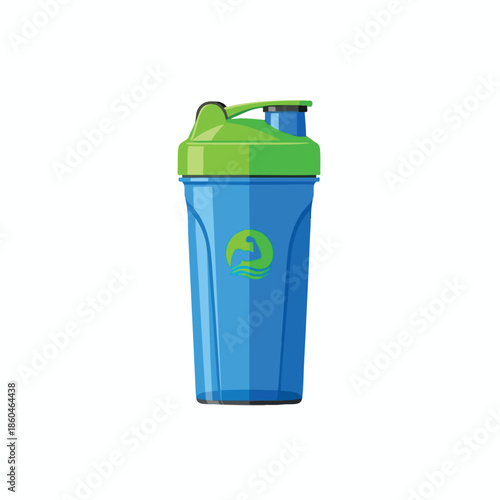 A blue and green shaker bottle with a sports logo on the body, on white background