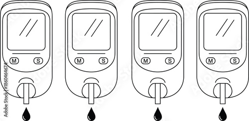Outline Vector Icon Set Featuring Digital Blood Glucose Monitors with Test Strips and Droplets for Diabetes Health Tracking