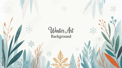 Winter art background with snowflakes and plants in pastel colors