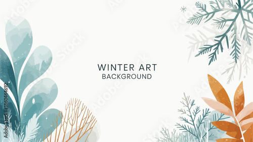Winter art background with colorful leaves and snowflakes