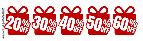5 Red gift boxes with percentage discount labels from 20 to 60 percent off, vector icon