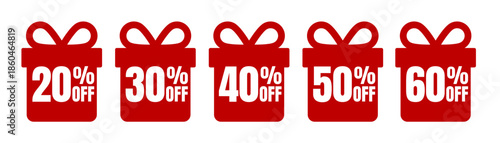5 Red gift boxes with percentage discount labels from 20 to 60 percent off, vector icon