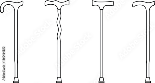 Outline Vector Icon Set Featuring Assorted Walking Canes with Ergonomic Handles and Support Tips for Healthcare and Mobility