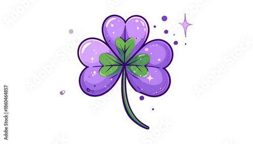 Cartoonish, shimmering clover in purple and green hues, outlined with white, on black