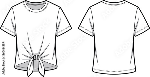 Front back view knotted t shirt vector mockup illustration isolated white background fashion apparel design template branding clothing flat modern