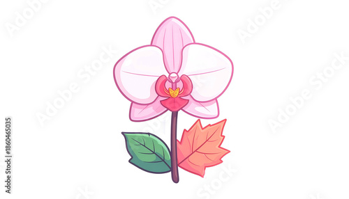 An illustration of a stylized pink orchid with green leaf and orange autumn foliage
