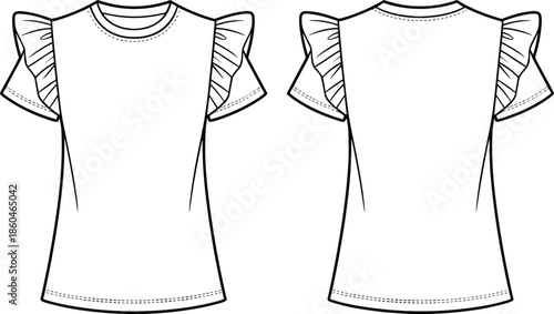 Front back view ruffle sleeve t shirt vector mockup illustration isolated white background women fashion apparel design template branding modern