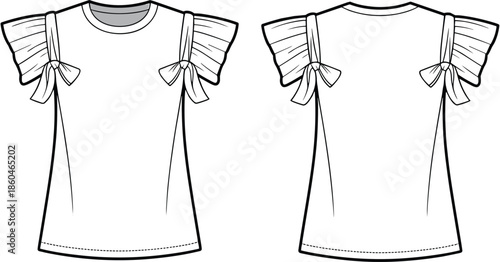 White ruffle sleeve girls t shirt mockup, front and back view fashion apparel vector illustration isolated white background design template