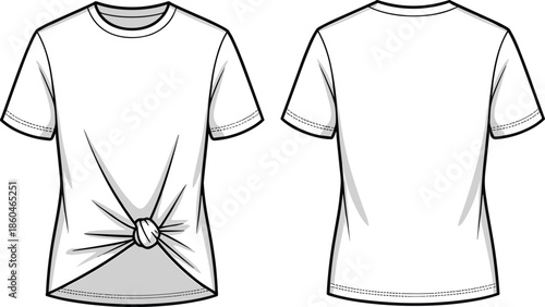 White knotted front t shirt mockup, front and back view, casual fashion apparel vector illustration isolated on white background