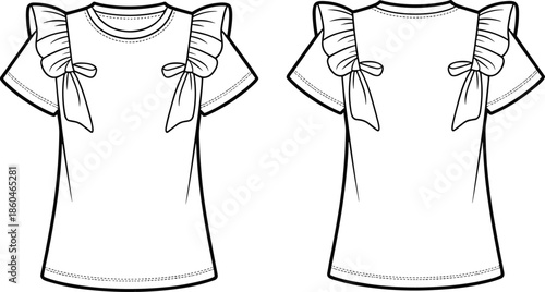 White ruffle sleeve t shirt mockup, front and back view girls fashion apparel vector illustration isolated on white background design