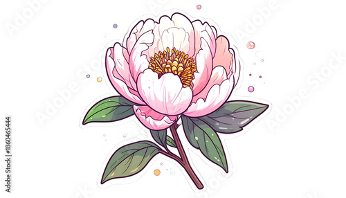 Soft pink & white peony blossom with green leaves on a stem, cut-out illustration