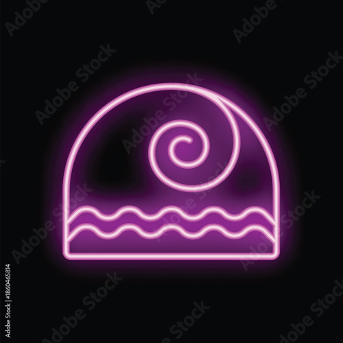 Pink neon sign of a japanese wagashi mochi with swirl on black background