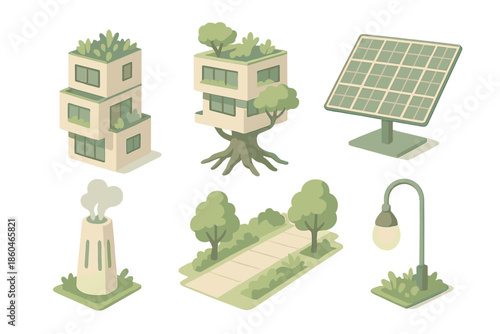 Eco-Metropolis Blueprint Design. Isometric vector illustration set Eco-Metropolis Blueprint: modular green buildings, tree-root