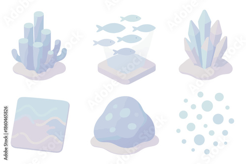 Digital Coral Ecosystem. Isometric vector illustration set Data Reef Ecosystem: coral-like data structures, holographic fish