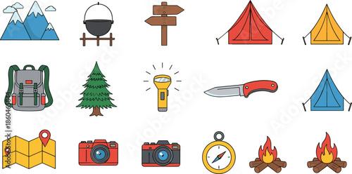 Camping outdoor adventure collection with tents backpack map compass campfire and equipment isolated on white background vector illustration